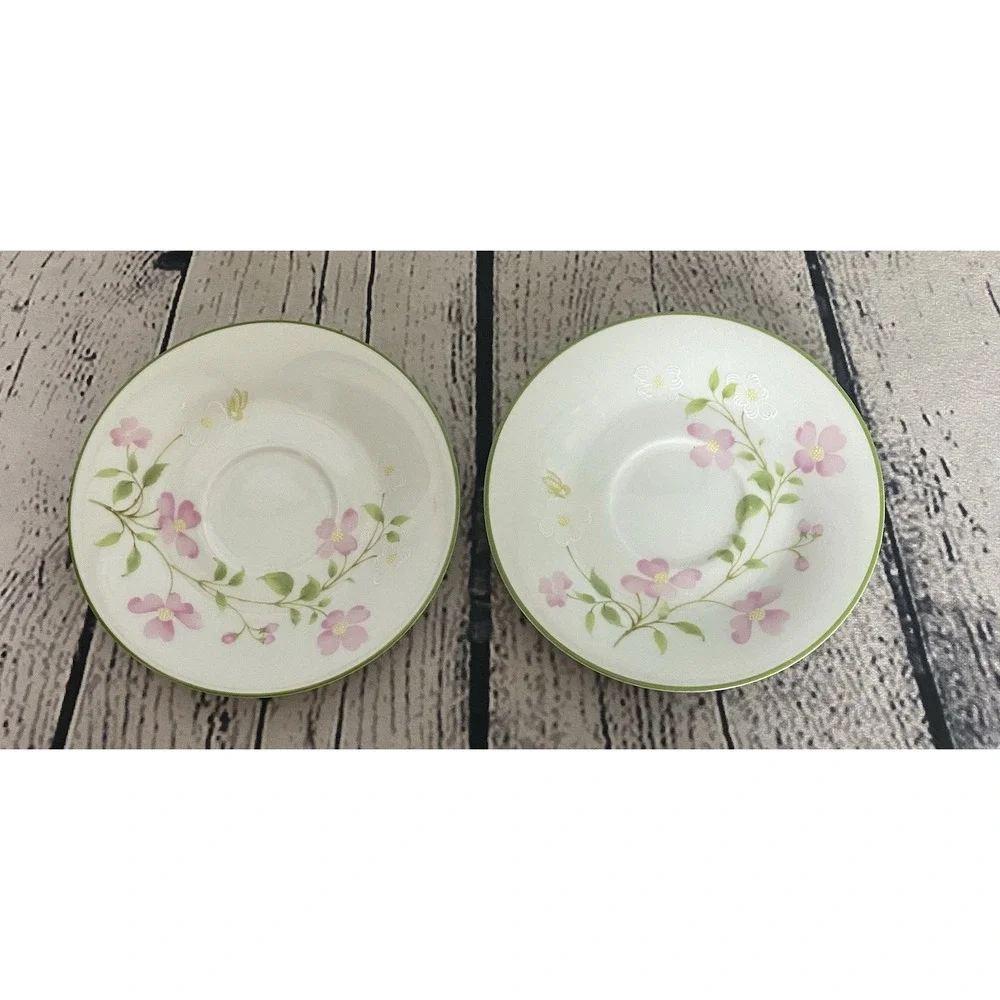Noritake First Blush Tea Cup Saucer Set Of 4Pink & White Flower Green Trim #2605
